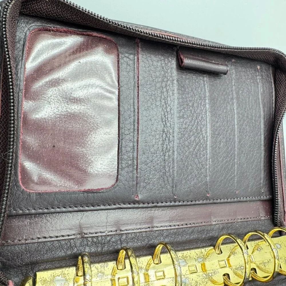 Franklin Quest Vtg Maroon Brown Full Grain Nappa Leather 6 Ring Zipper Binder 7